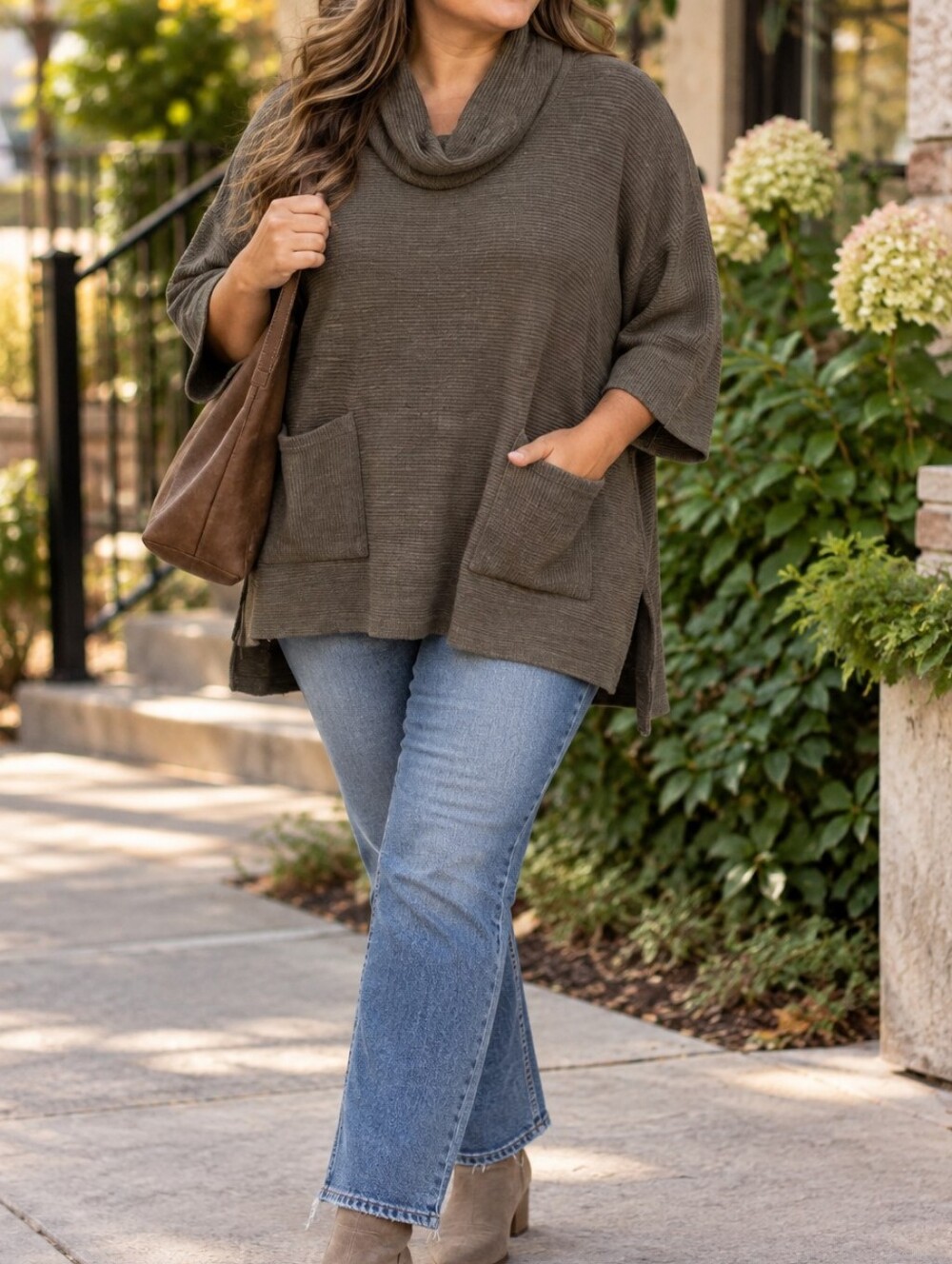Papillon Blanc Olive Green Cowl Neck Knit Tunic Sweater Pocket Casual Top